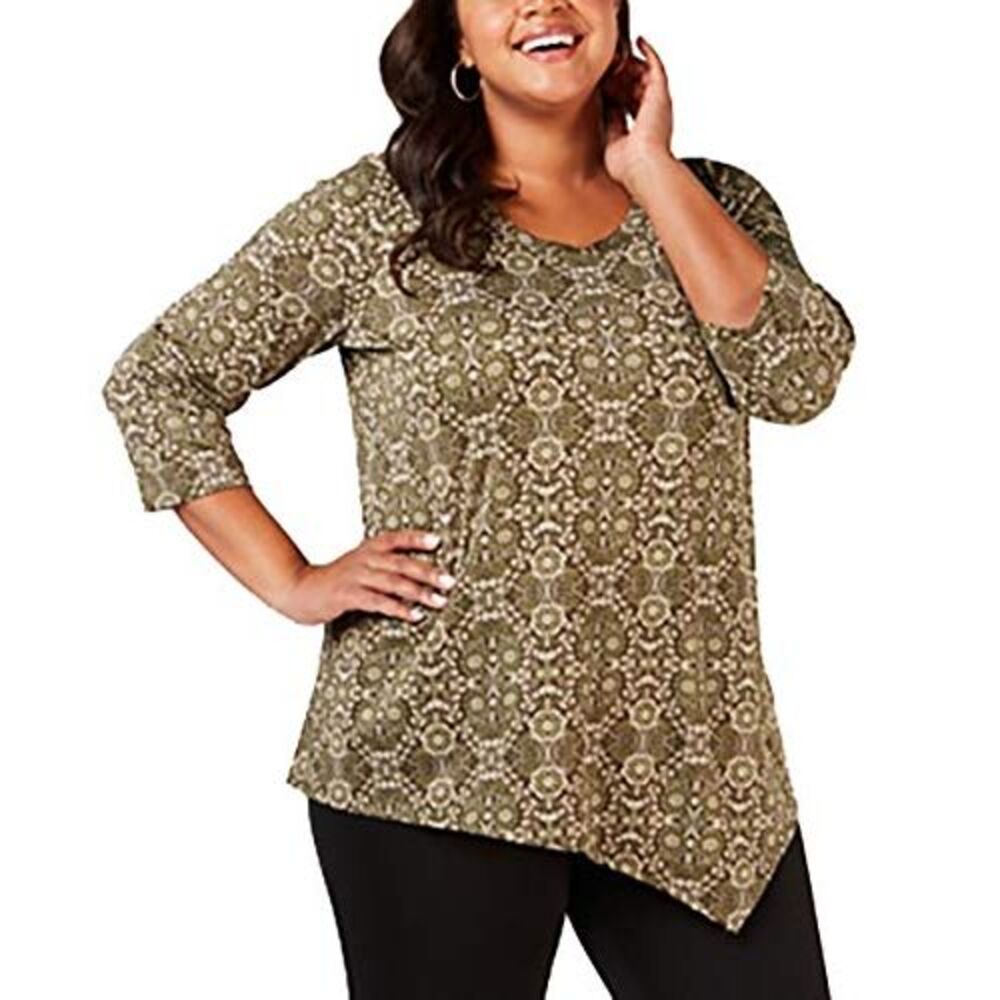 NY Collection Plus Size Printed Asymmetrical-Hem Top